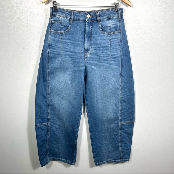 Pilcro Anthropologie Blue Wide Leg Cropped Barrel Denim Jeans Size 28 Tall Chic - Picture 3 of 15